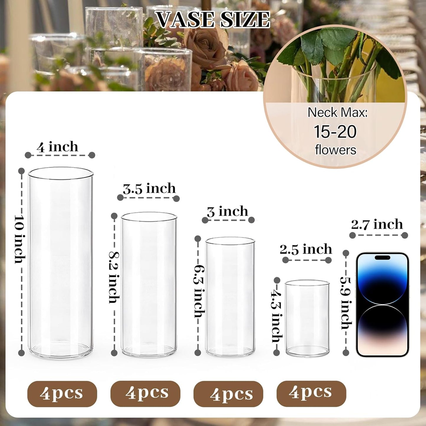 Clear Cylinder Vases for Centerpieces | 4, 6, 8,10'' Tall Flower Vase