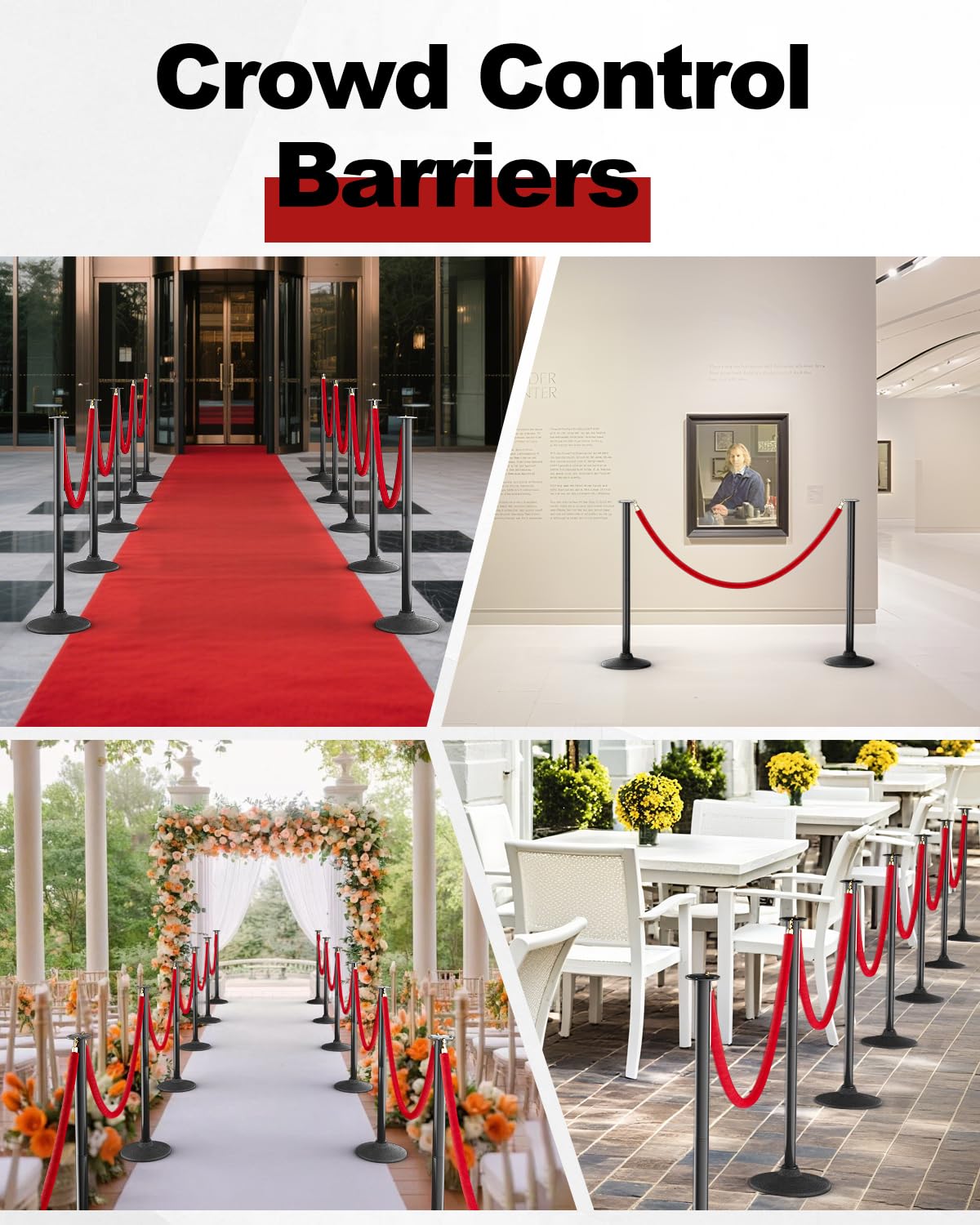 RoadHero Plastic Stanchion Post, Red Carpet Ropes and Poles with Weighted Base