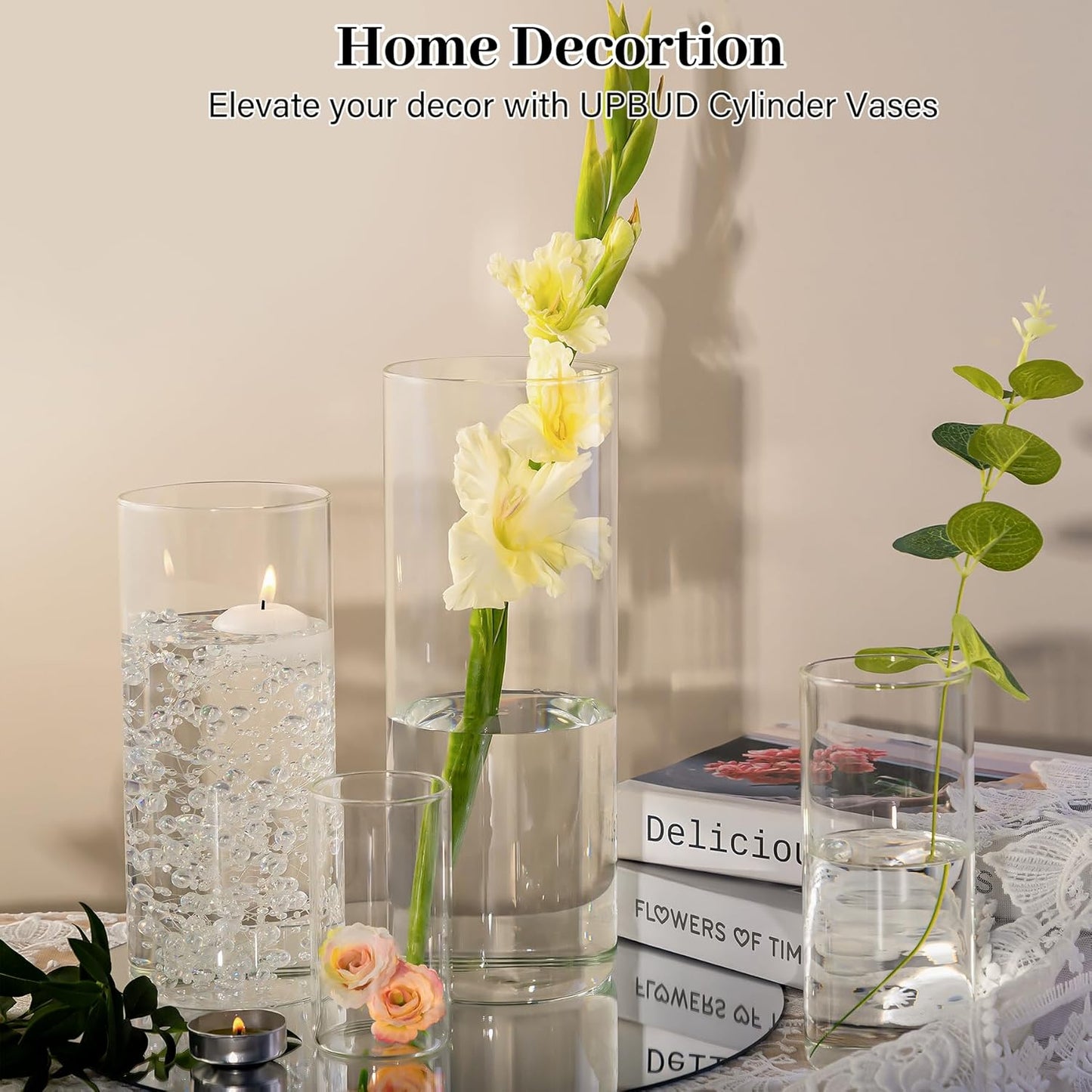 Clear Cylinder Vases for Centerpieces | 4, 6, 8,10'' Tall Flower Vase