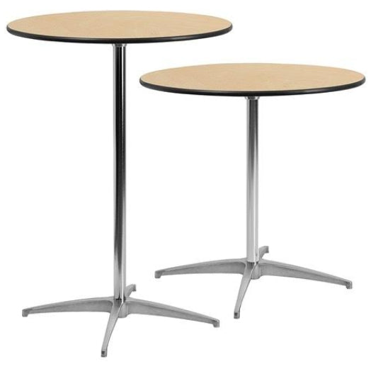 Two round tables with different base designs on a white background